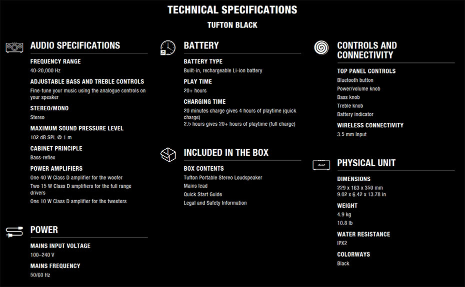 ลำโพง Marshall Tufton Bluetooth Speaker Tech Spec ลำโพง Marshall Tufton Bluetooth Speaker Tech Spec