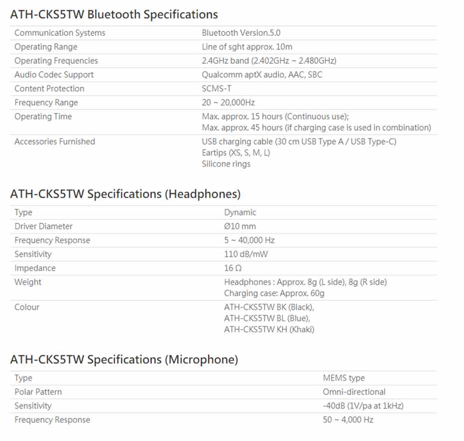ATH-CKS5TW True Wireless สเป็ค ATH-CKS5TW True Wireless