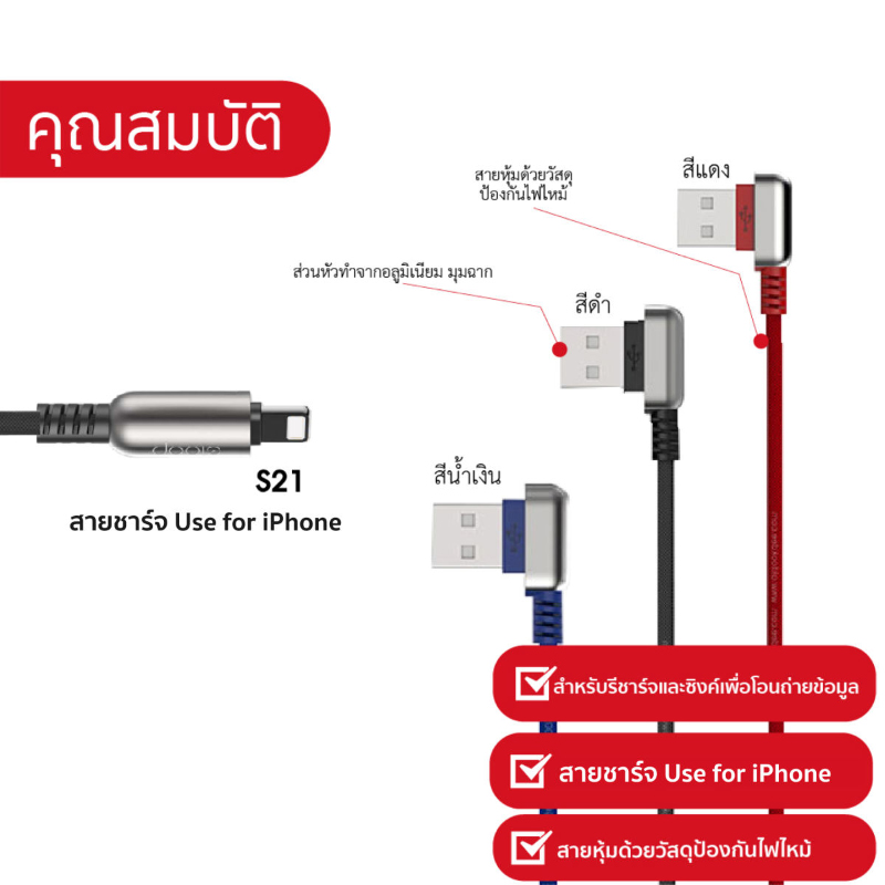 สายชาร์จ Eloop S21 USB A to Lightning Cable Black 1m