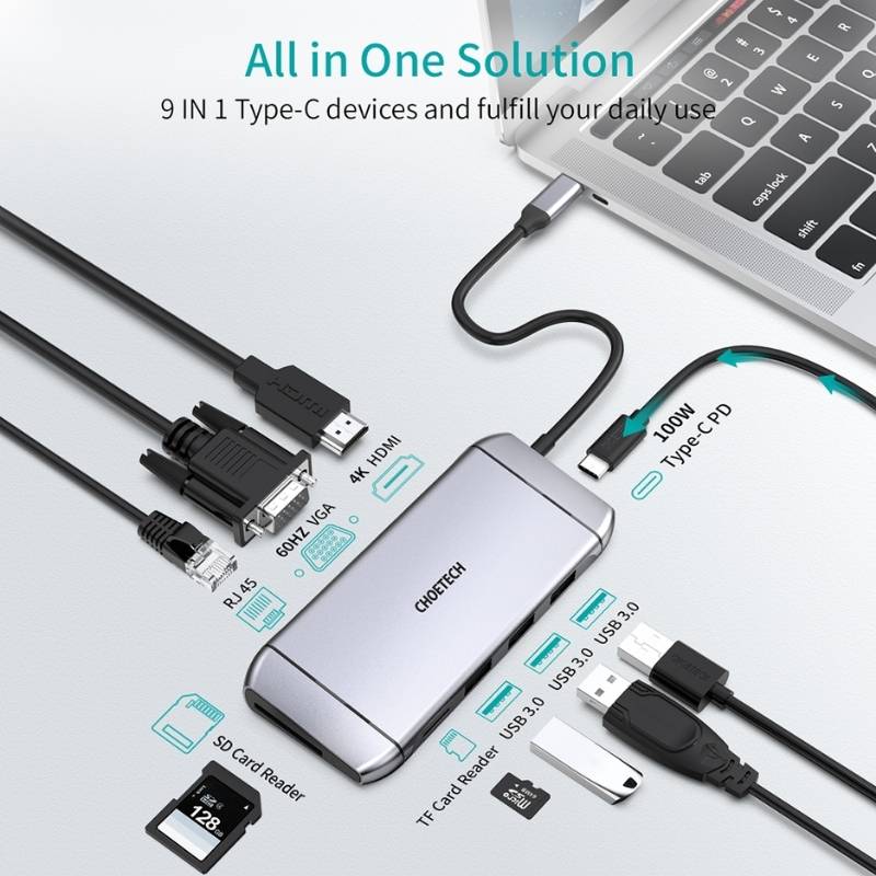 ตัวแปลง Choetech M15 9-In-1 Multiport USB-C Hub Grey