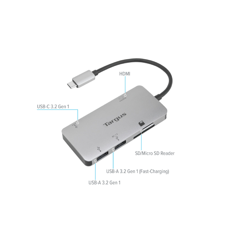 ตัวแปลง Targus ACA953 Multi-Port Single Video Adapter and Card Reader with 100W PD USB-C Hub Silver