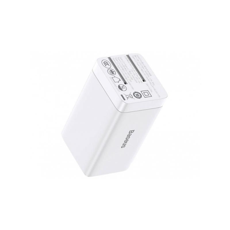 หัวชาร์จพร้อมสายชาร์จ Baseus GaN3 Pro 65W 2USB-C+USB-A Fast Charger(CN) + USB-C to USB-C Charging Cable 1m White