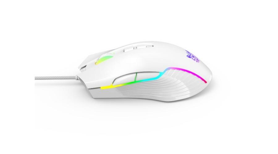 เมาส์ Onikuma Yuki Gaming Mouse สีขาว ไฟ RGB ด้านข้าง