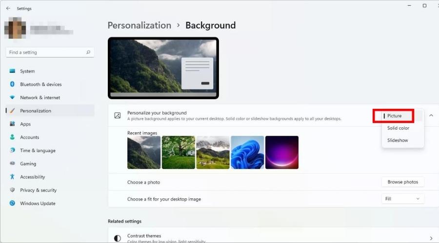 วิธีเปลี่ยนวอลเปเปอร์คอม windows 11 personalization menu Pictures settings