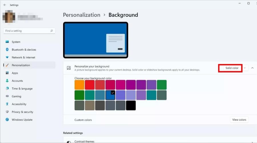 วิธีเปลี่ยนวอลเปเปอร์คอม windows 11 personalization menu Solid color settings