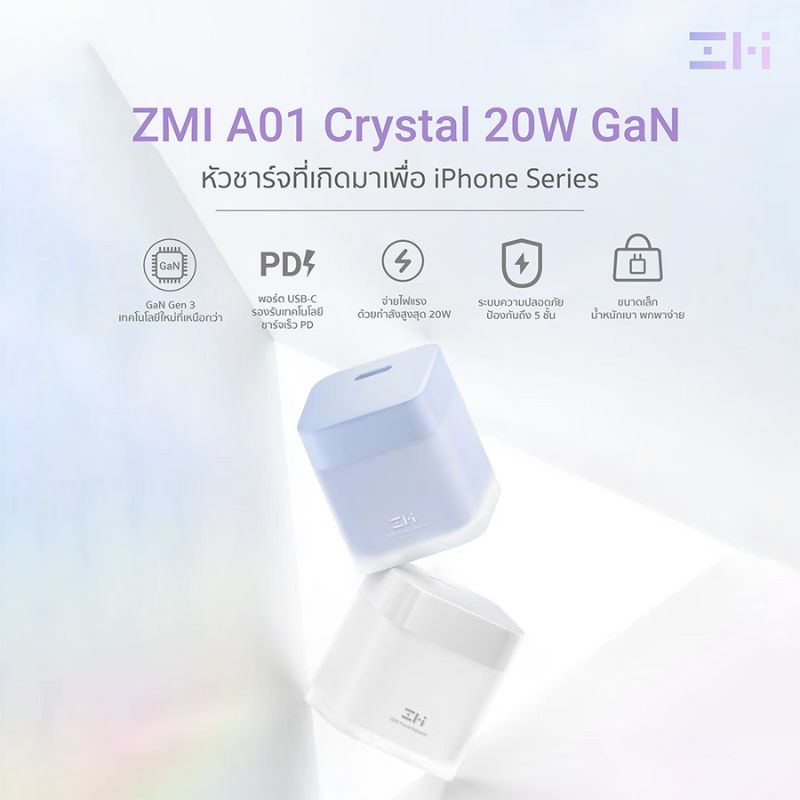 หัวชาร์จ ZMI A01 Crystal 20W GaN Charger Crystal White 2