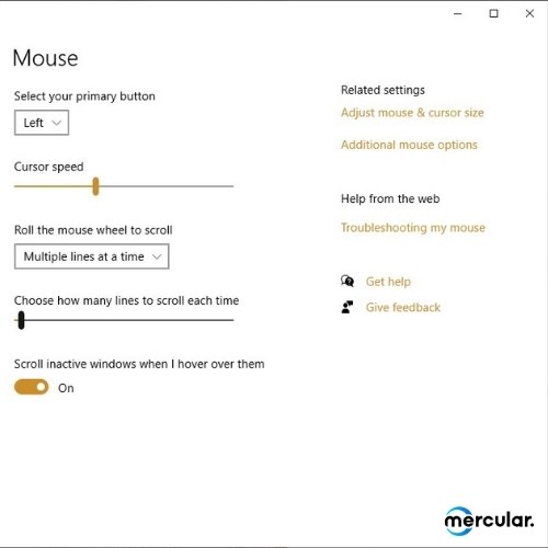 mouse setting in windows main setting