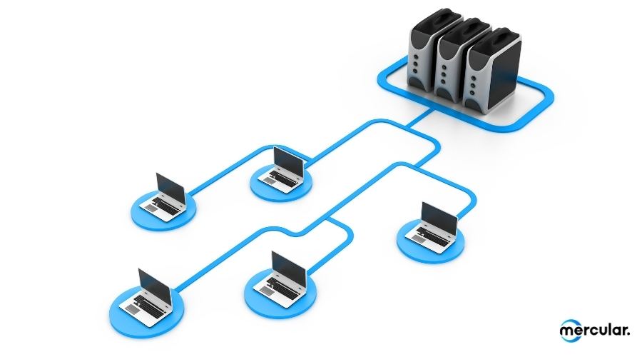 laptop computer network blue line white background