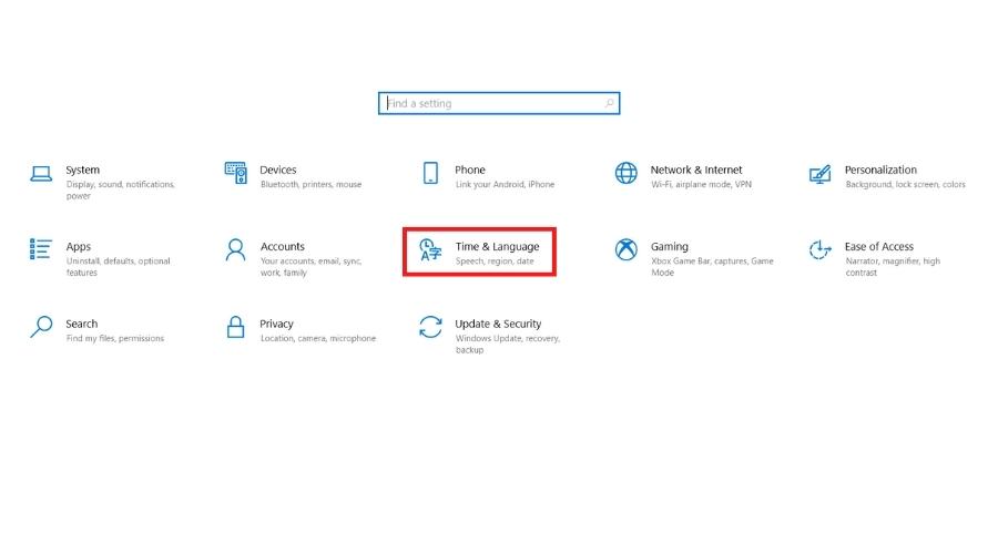 วิธีเปลี่ยนภาษา Windows 10 settings main menu