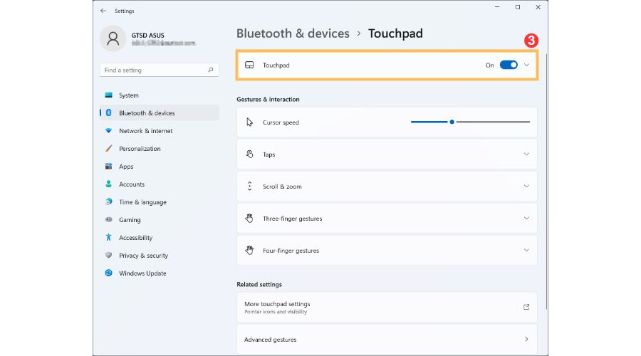 วิธีปิด touchpad asus windows 11 touchpad settings menu