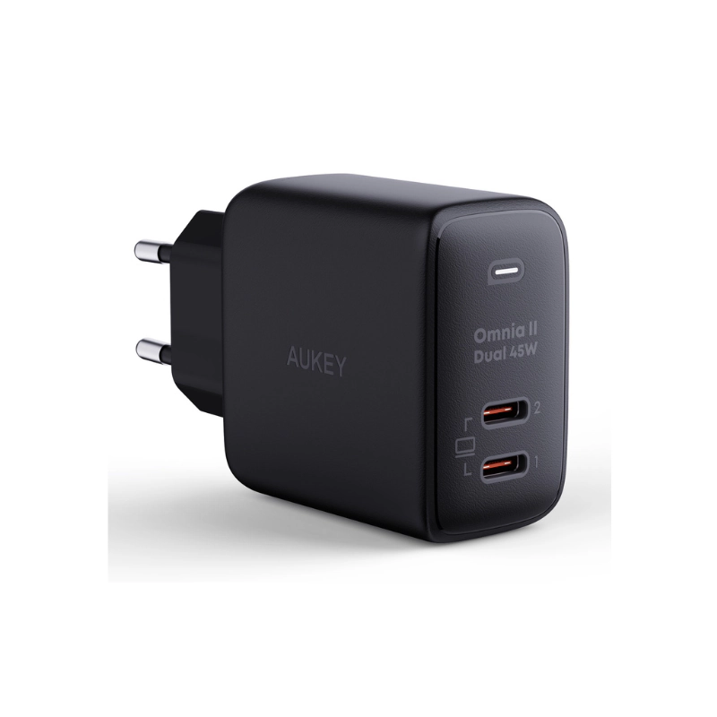 หัวชาร์จ Aukey PA-B4T Omnia II Duo 45W Charger Black