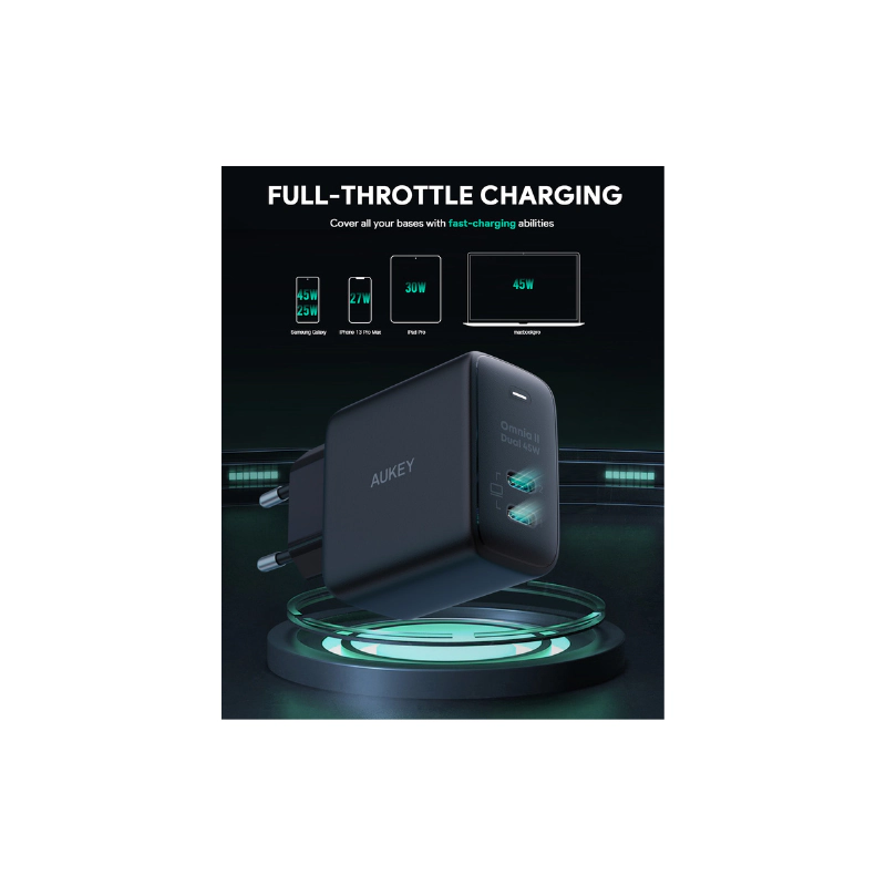 หัวชาร์จ Aukey PA-B4T Omnia II Duo 45W Charger Black