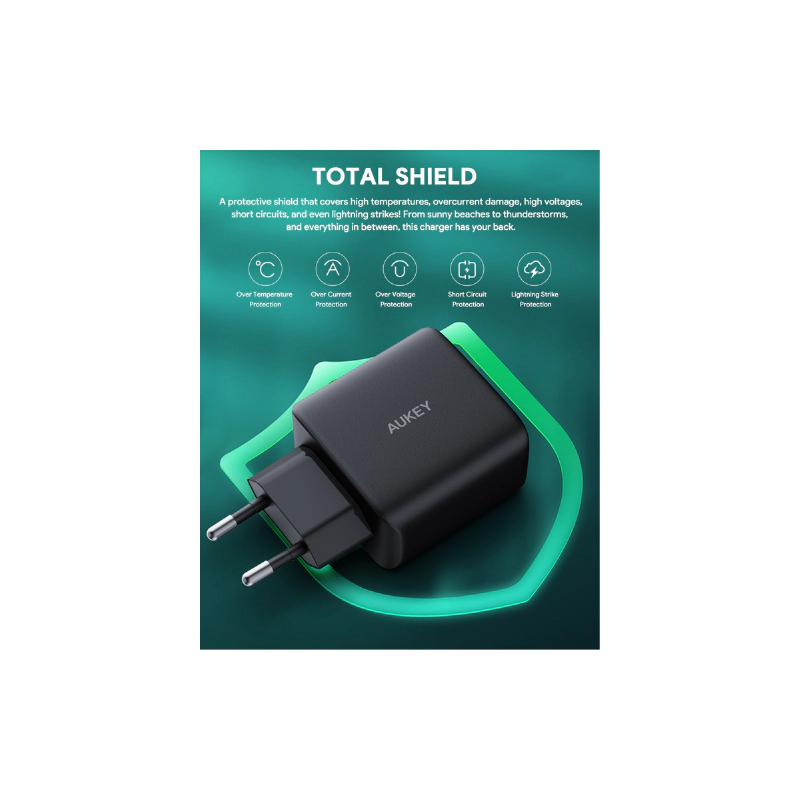 หัวชาร์จ Aukey PA-B4T Omnia II Duo 45W Charger Black