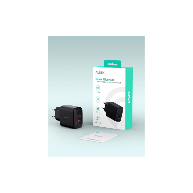 หัวชาร์จ Aukey PA-B4T Omnia II Duo 45W Charger Black