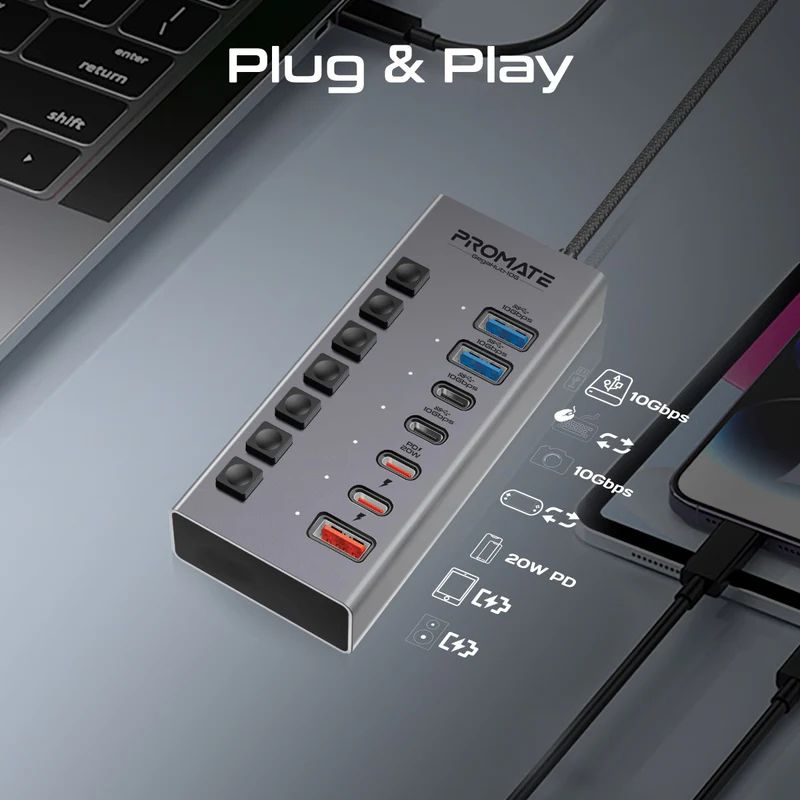 ตัวแปลง Promate GegaHub-10G 7-in-1 USB-A Hub Grey