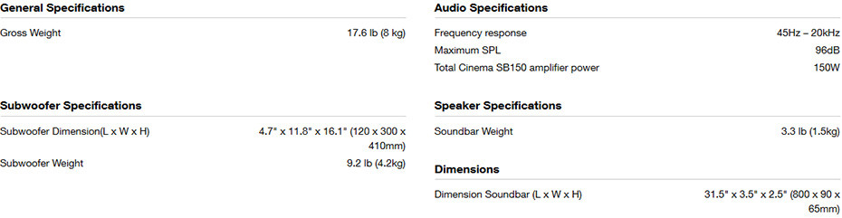 sb150-ts ลำโพง JBL Cinema SB150 Sound Bar Tech Spec