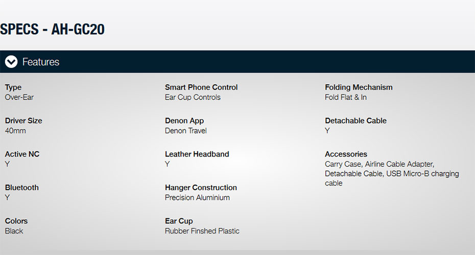 ahgc20-ts หูฟังไร้สาย DENON AHG-C20 Headphone Tech Spec