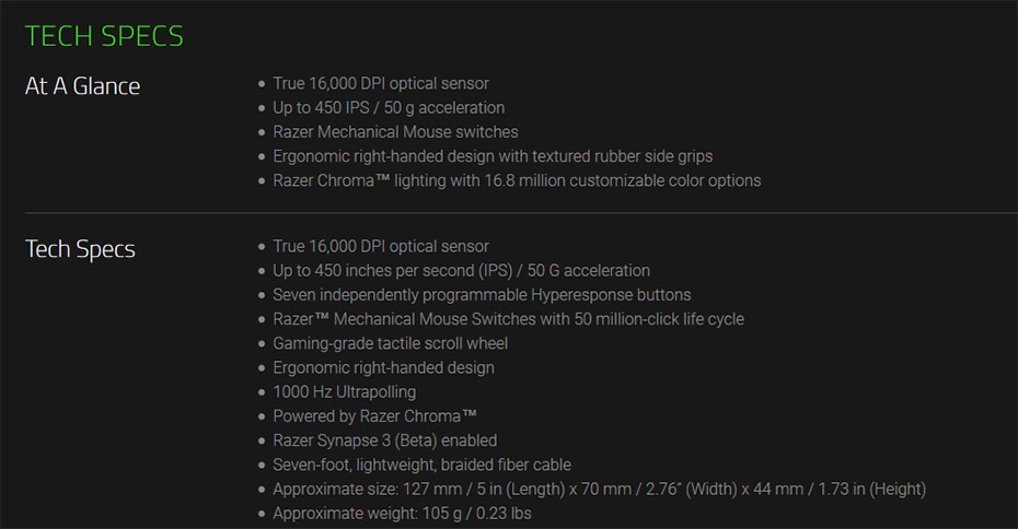 deadadder-TS เมาส์ Razer DeathAdder Elite Gaming Mouse Tech Spec