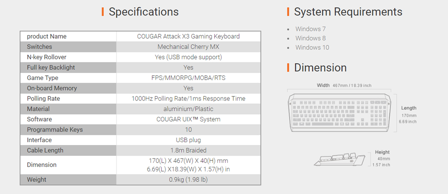 Cougar Attack X3 Keyboard Tech Spec Cougar Attack X3 Keyboard สเปค