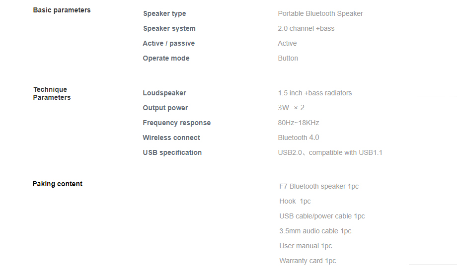 Mifa F7 Tech spec Mifa F7 Tech สเปค