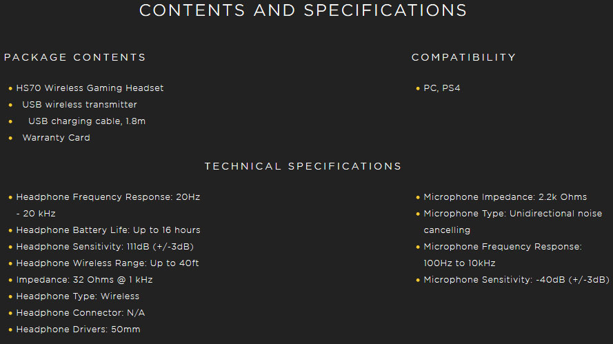 hs70-ts หูฟังไร้สาย Corsair HS70 Wireless Gaming Headset Tech Spec