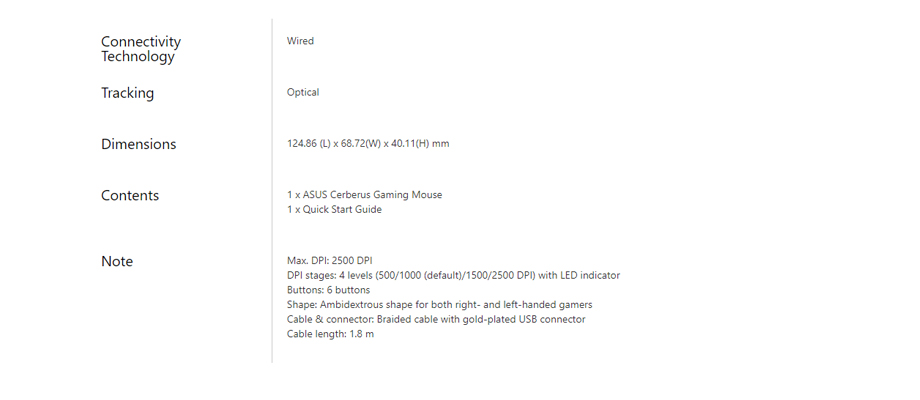 Asus Cerberus Gaming mouse Tech Spec