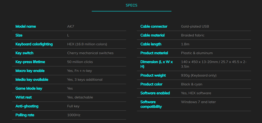 ThunderX3 AK7 Gaming Keyboard Tech spec ThunderX3 AK7 Gaming Keyboard สเปค
