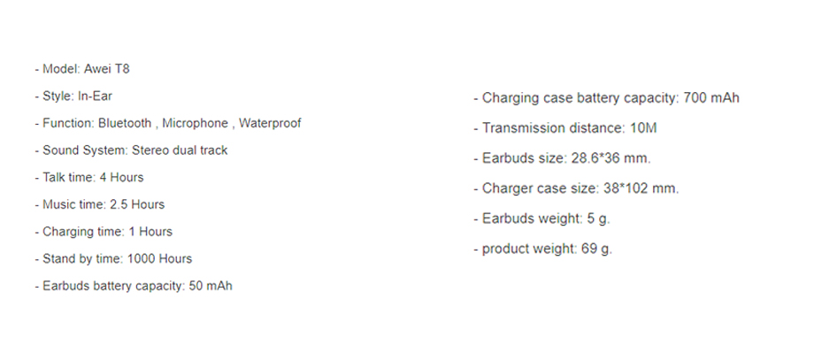 Awei T8 Spec Awei T8 สเปค