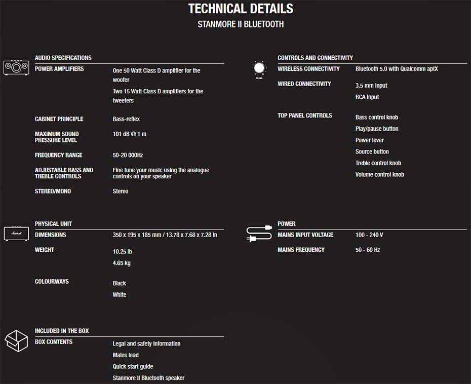 stanmore-ii-ts ลำโพง Marshall Stanmore II Bluetooth Speaker Tech Spec