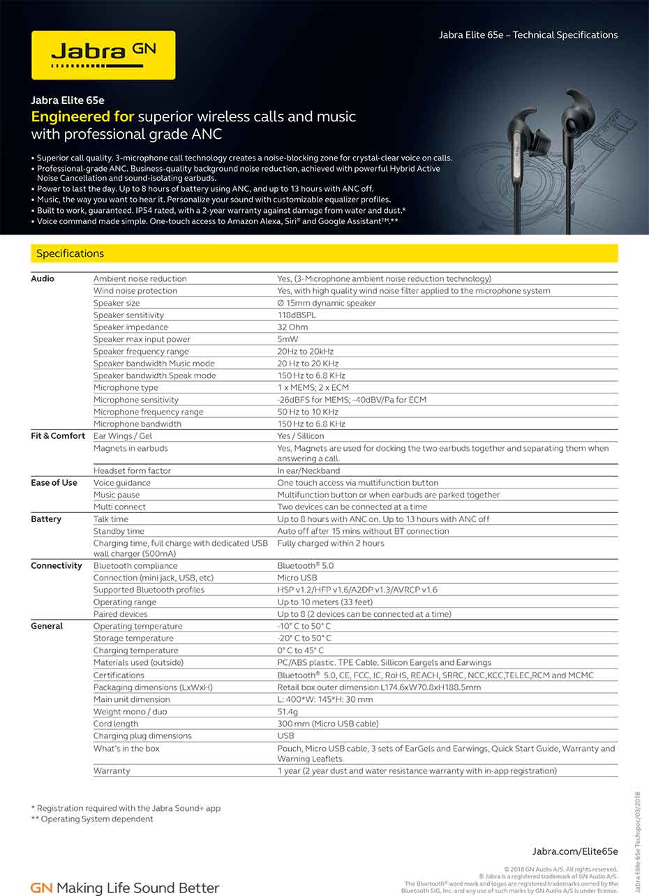65e-ts หูฟังไร้สาย Jabra Elite 65e In-Ear Tech Spec