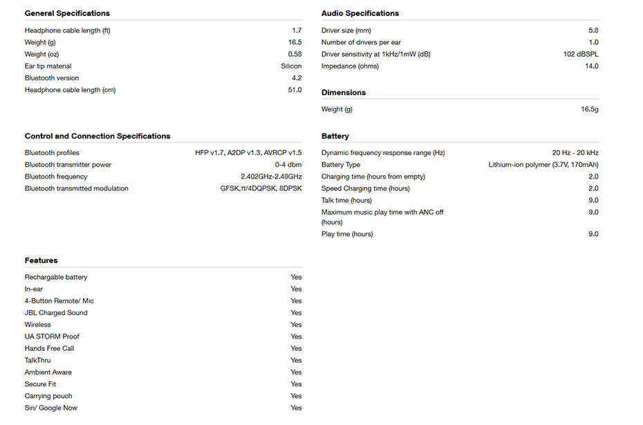 pivot-ts หูฟังไร้สาย JBL Under Armour Sport Wireless Pivot In-Ear Tech Spec
